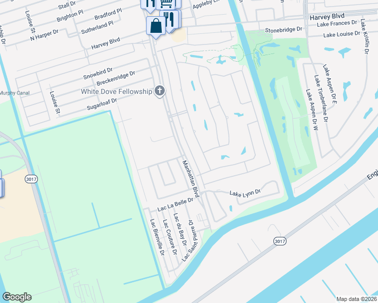 map of restaurants, bars, coffee shops, grocery stores, and more near 3829 Lake Arrowhead Drive in Harvey