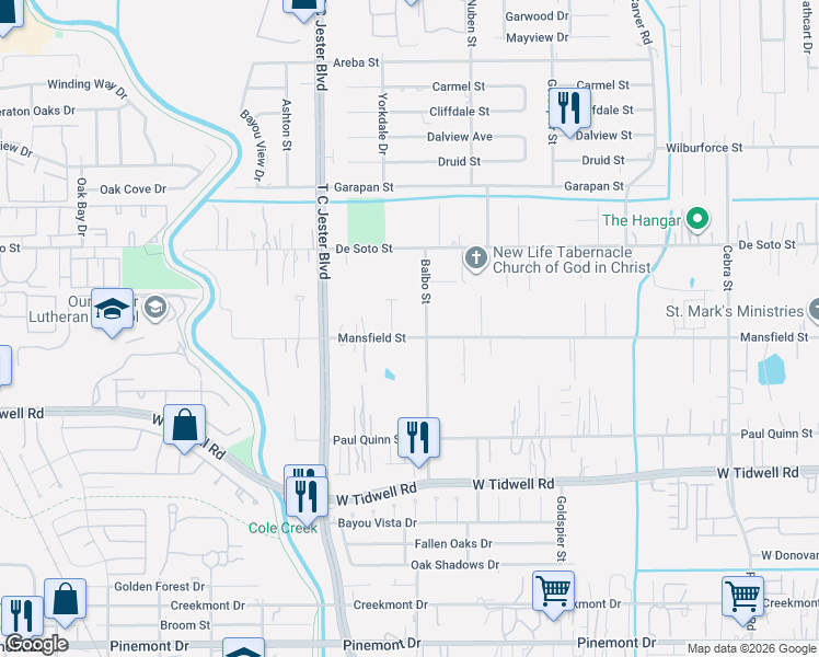 map of restaurants, bars, coffee shops, grocery stores, and more near 3217 Mansfield Street in Houston
