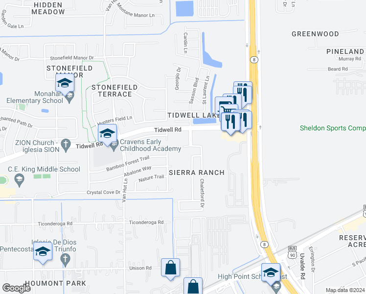 map of restaurants, bars, coffee shops, grocery stores, and more near 13202 Ambrosa Dr in Houston