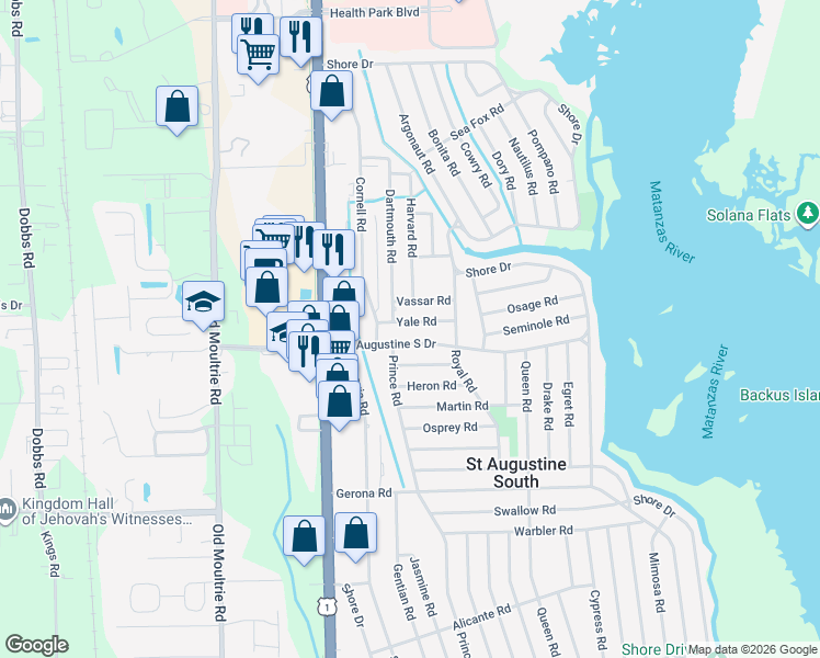 map of restaurants, bars, coffee shops, grocery stores, and more near 305 Saint Augustine South Drive in St. Augustine