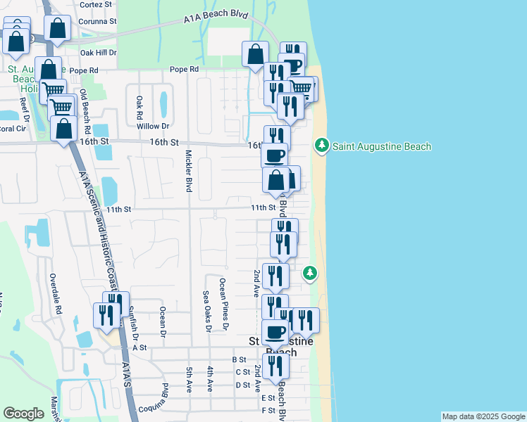 map of restaurants, bars, coffee shops, grocery stores, and more near 110 10th Street in St. Augustine