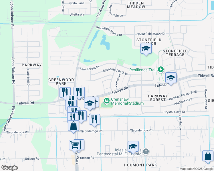 map of restaurants, bars, coffee shops, grocery stores, and more near 1 Parkway Forest Drive in Houston