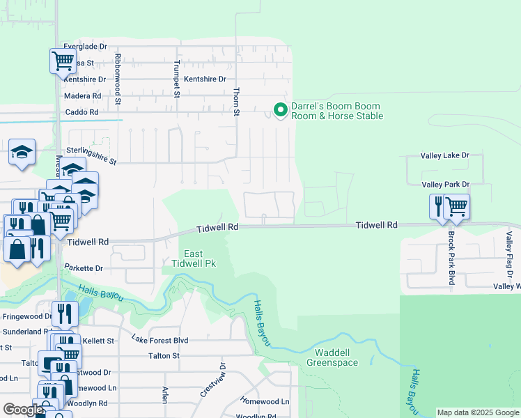 map of restaurants, bars, coffee shops, grocery stores, and more near 9393 Tidwell Road in Houston
