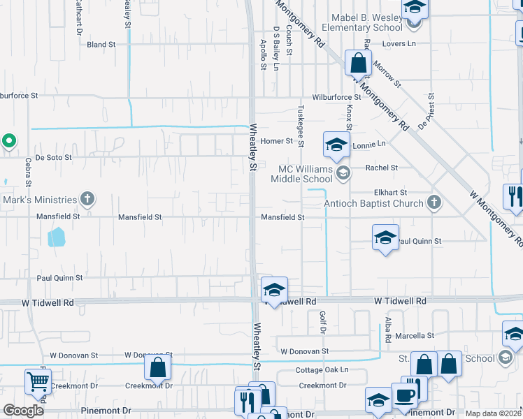map of restaurants, bars, coffee shops, grocery stores, and more near 5830 Wheatley Street in Houston