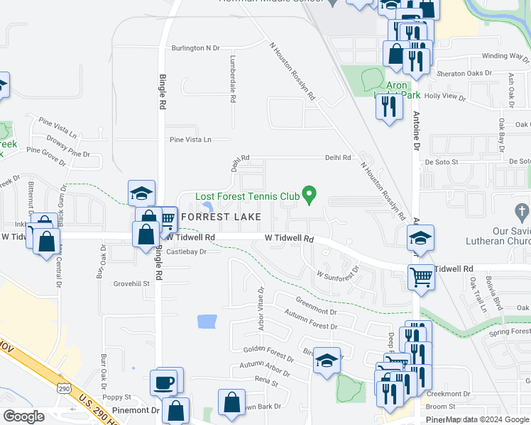 map of restaurants, bars, coffee shops, grocery stores, and more near 6200 West Tidwell Road in Houston