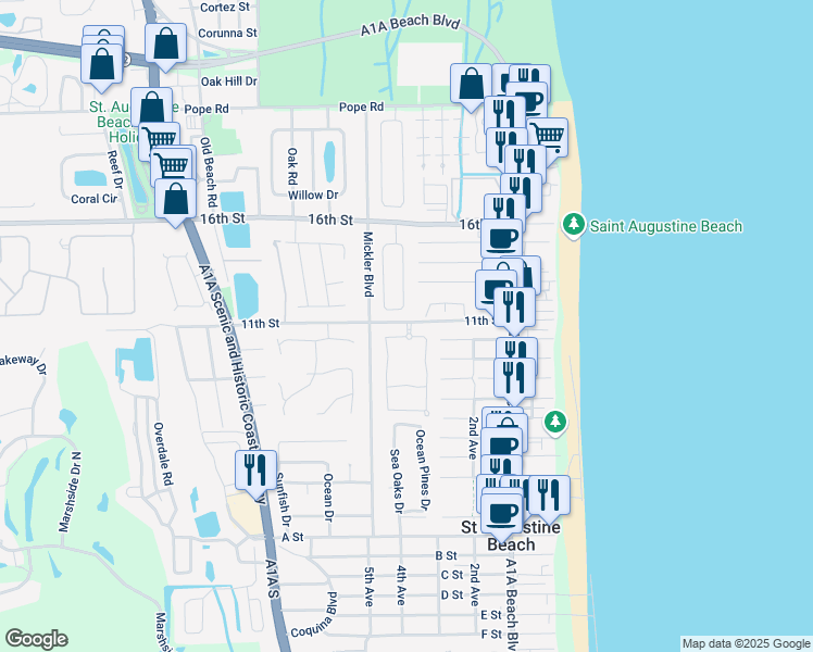 map of restaurants, bars, coffee shops, grocery stores, and more near 80 Ridgeway Road in St. Augustine