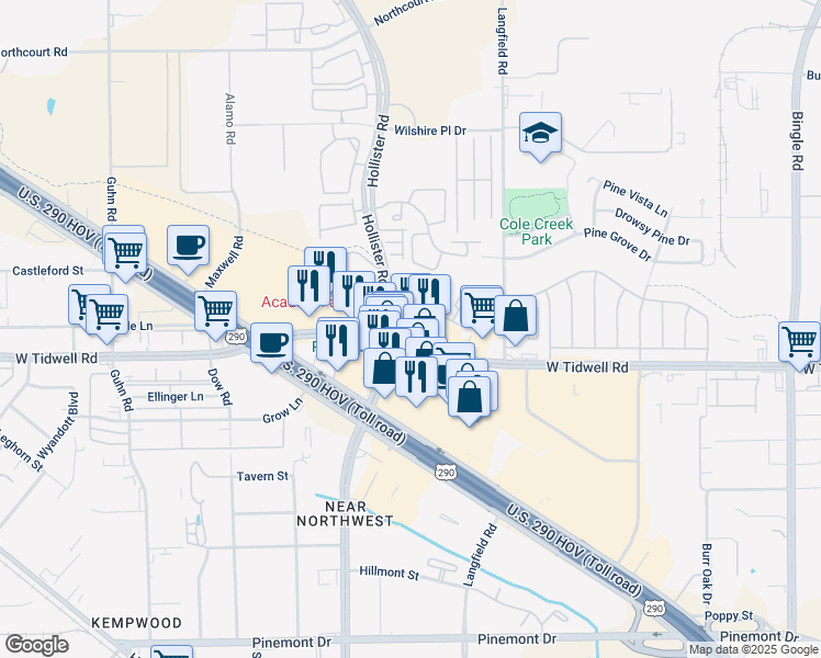 map of restaurants, bars, coffee shops, grocery stores, and more near 7524 West Tidwell Road in Houston