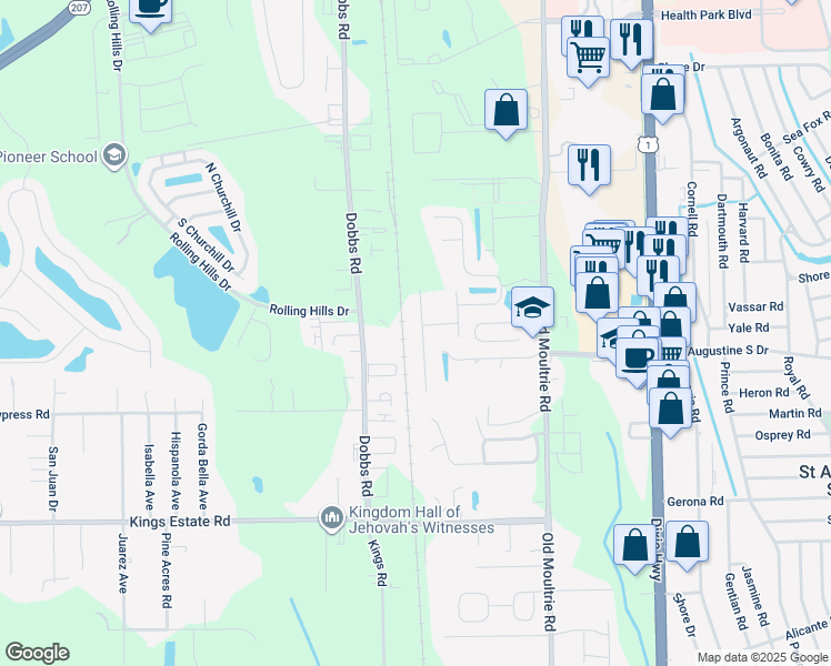 map of restaurants, bars, coffee shops, grocery stores, and more near 905 South Garden Lake Drive in St. Augustine