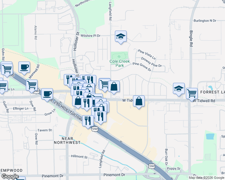 map of restaurants, bars, coffee shops, grocery stores, and more near 7306 West Tidwell Road in Houston