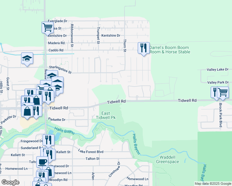 map of restaurants, bars, coffee shops, grocery stores, and more near 9383 Tidwell Road in Houston