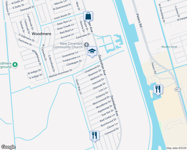 map of restaurants, bars, coffee shops, grocery stores, and more near 3805 Shannon Drive in Harvey
