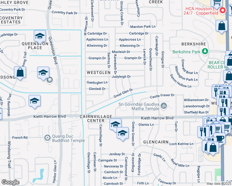 map of restaurants, bars, coffee shops, grocery stores, and more near 5100 Santrey Drive in Houston