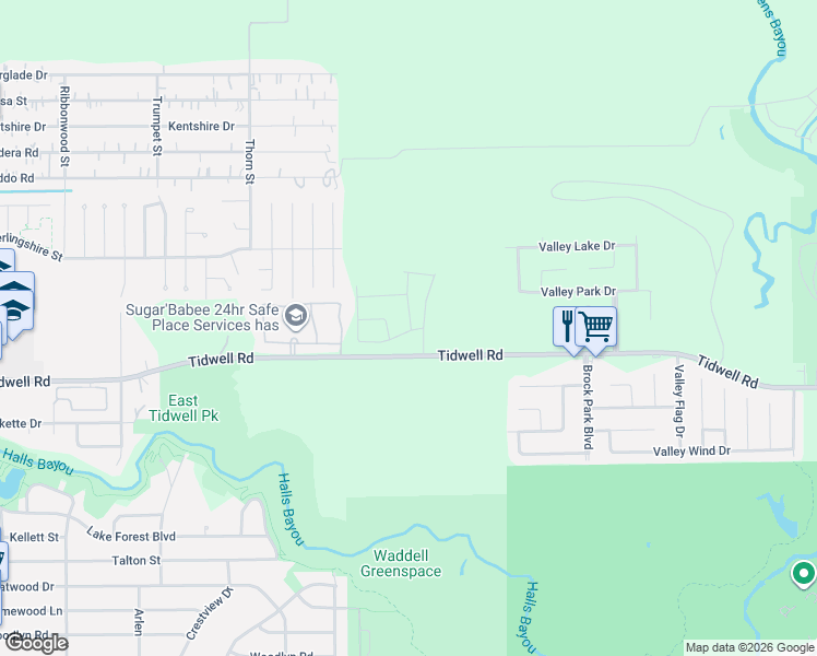map of restaurants, bars, coffee shops, grocery stores, and more near 9587-9905 Tidwell Road in Houston