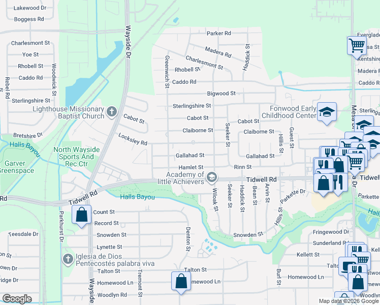 map of restaurants, bars, coffee shops, grocery stores, and more near 8214 Gallahad Street in Houston
