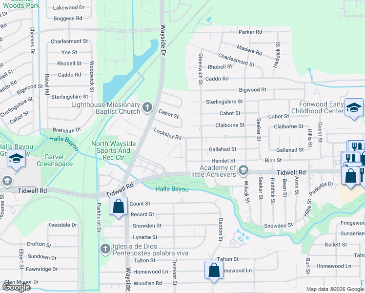 map of restaurants, bars, coffee shops, grocery stores, and more near 8000 Tidwell Road in Houston