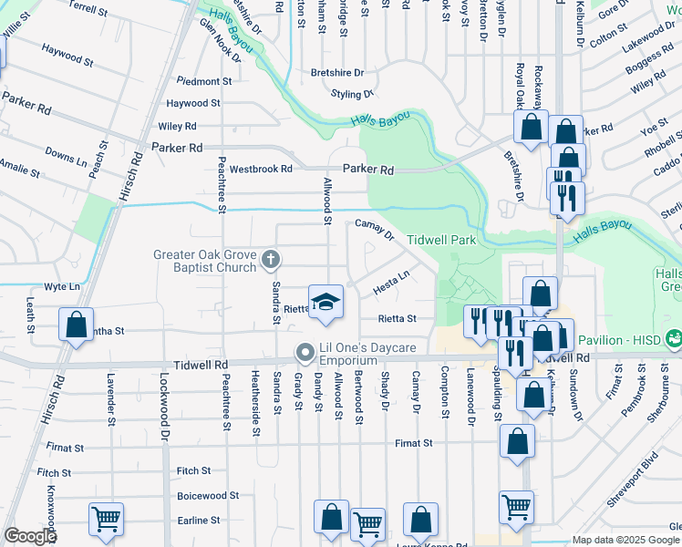 map of restaurants, bars, coffee shops, grocery stores, and more near 5909 Senior Street in Houston