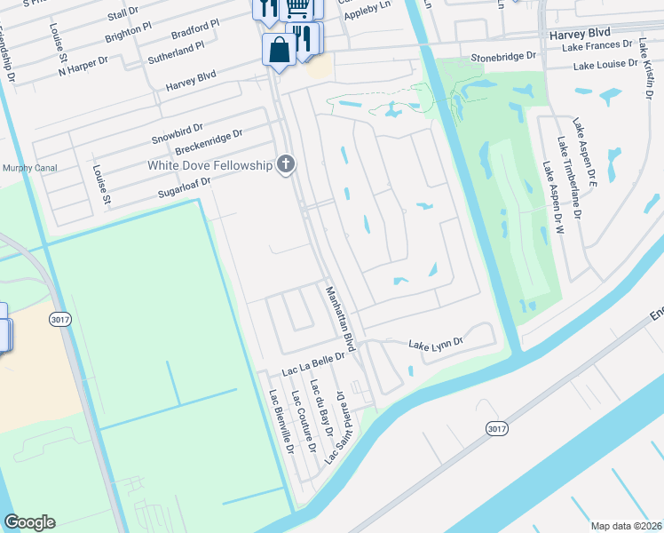 map of restaurants, bars, coffee shops, grocery stores, and more near 3829 Lake Arrowhead Drive in Harvey