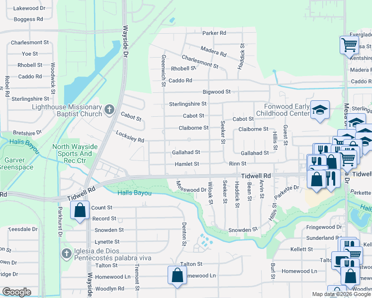 map of restaurants, bars, coffee shops, grocery stores, and more near 8214 Gallahad Street in Houston