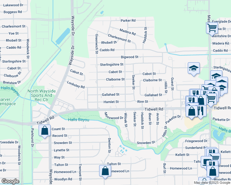 map of restaurants, bars, coffee shops, grocery stores, and more near 8215 Gallahad Street in Houston