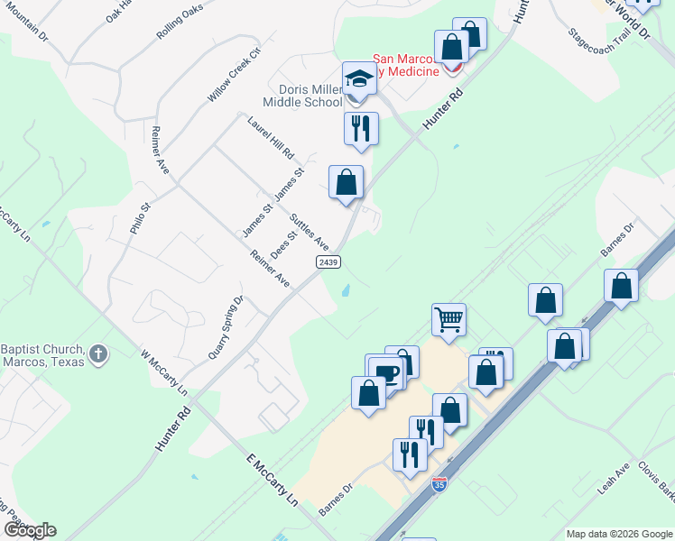 map of restaurants, bars, coffee shops, grocery stores, and more near 201 Suttles Avenue in San Marcos