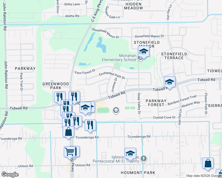 map of restaurants, bars, coffee shops, grocery stores, and more near 8704 Yvonne Drive in Houston