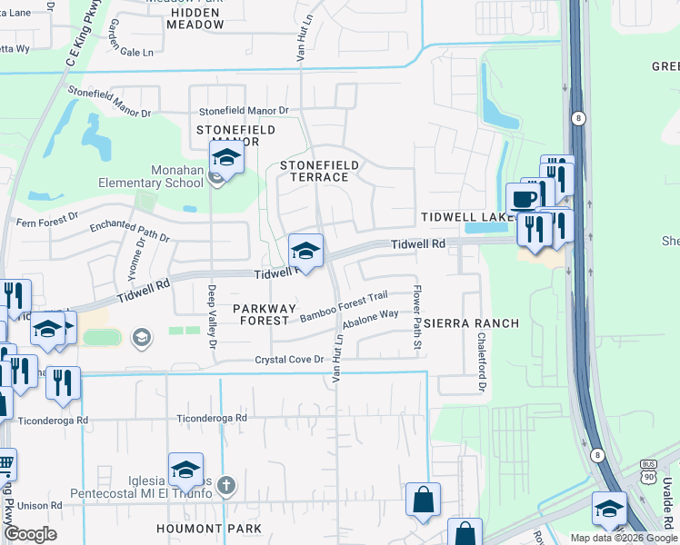 map of restaurants, bars, coffee shops, grocery stores, and more near 8755 Thistlemoor Lane in Houston