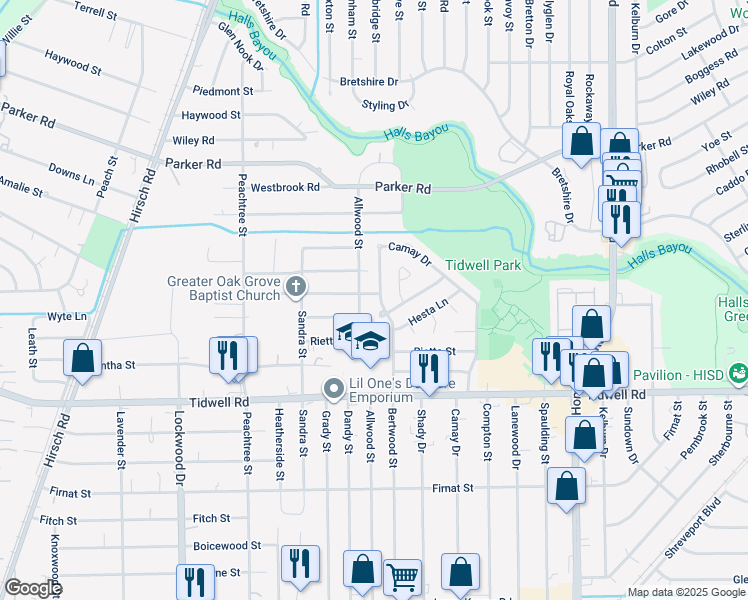 map of restaurants, bars, coffee shops, grocery stores, and more near 5909 Senior Street in Houston
