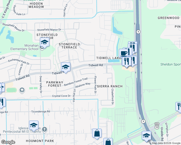 map of restaurants, bars, coffee shops, grocery stores, and more near 13110 Rosemont Park Lane in Houston