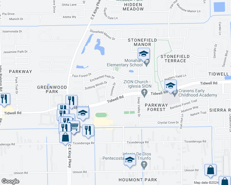 map of restaurants, bars, coffee shops, grocery stores, and more near 8711 Croteau Drive in Houston