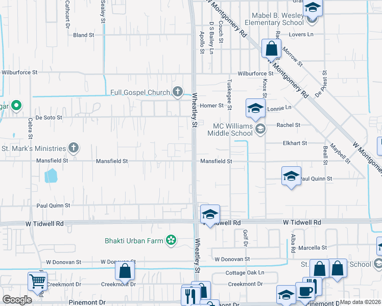 map of restaurants, bars, coffee shops, grocery stores, and more near 1110 Mansfield Street in Houston