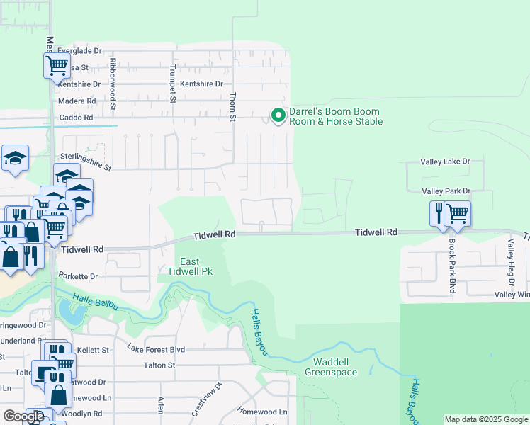 map of restaurants, bars, coffee shops, grocery stores, and more near 9393 Tidwell Road in Houston