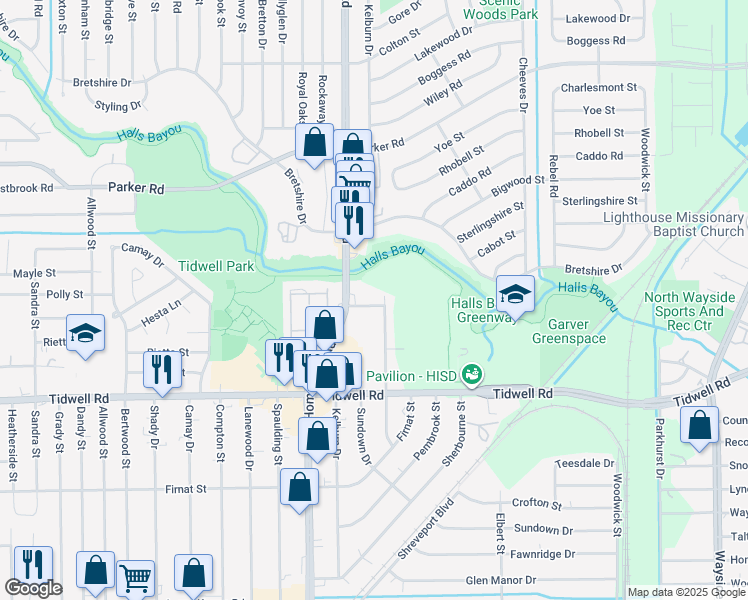map of restaurants, bars, coffee shops, grocery stores, and more near 7200 Hallshire Drive in Houston