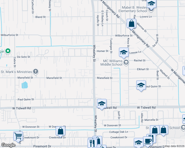 map of restaurants, bars, coffee shops, grocery stores, and more near 1110 Mansfield Street in Houston