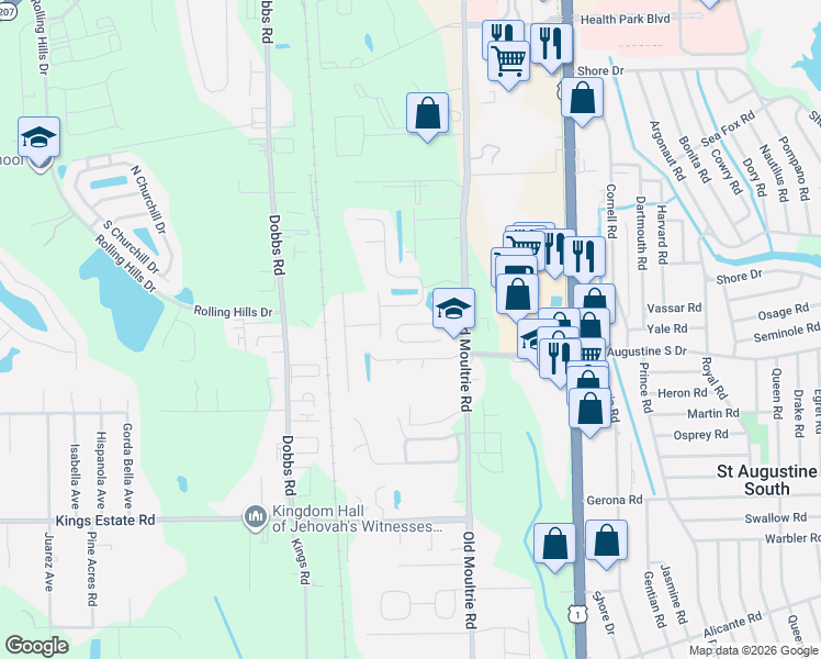 map of restaurants, bars, coffee shops, grocery stores, and more near 254 Moultrie Village Lane in St. Augustine