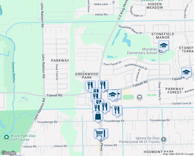 map of restaurants, bars, coffee shops, grocery stores, and more near 12355 Tidwell Road in Houston