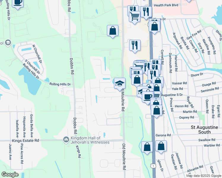 map of restaurants, bars, coffee shops, grocery stores, and more near 103 Moultrie Village Lane in St. Augustine
