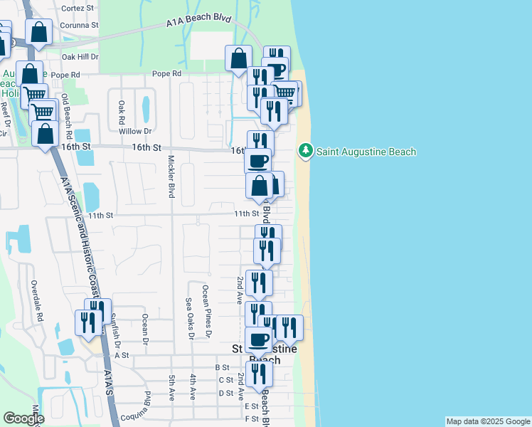 map of restaurants, bars, coffee shops, grocery stores, and more near A1A Beach Blvd & 11th St in St Augustine Beach