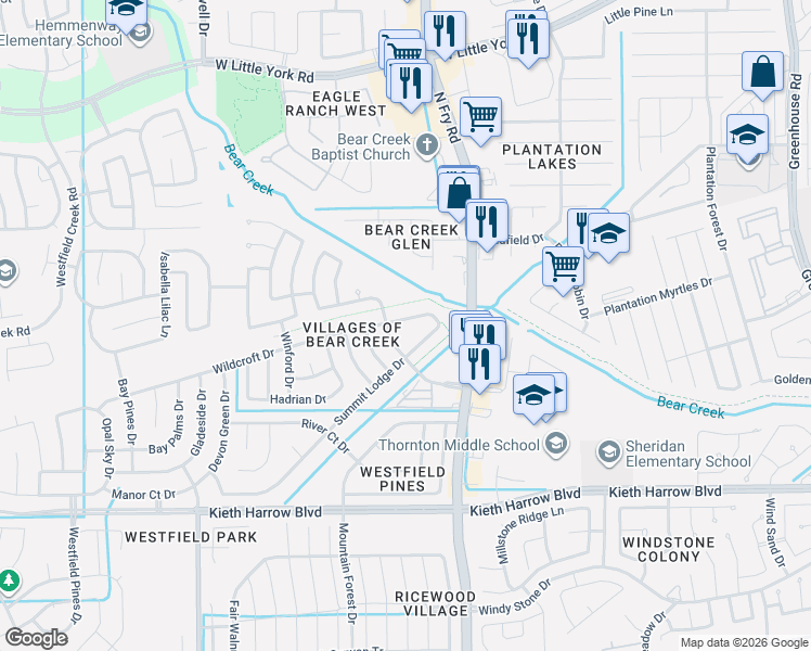 map of restaurants, bars, coffee shops, grocery stores, and more near 5515 Summit Lodge Drive in Katy