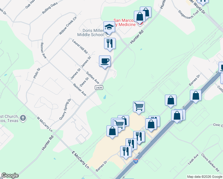 map of restaurants, bars, coffee shops, grocery stores, and more near 201 Suttles Avenue in San Marcos