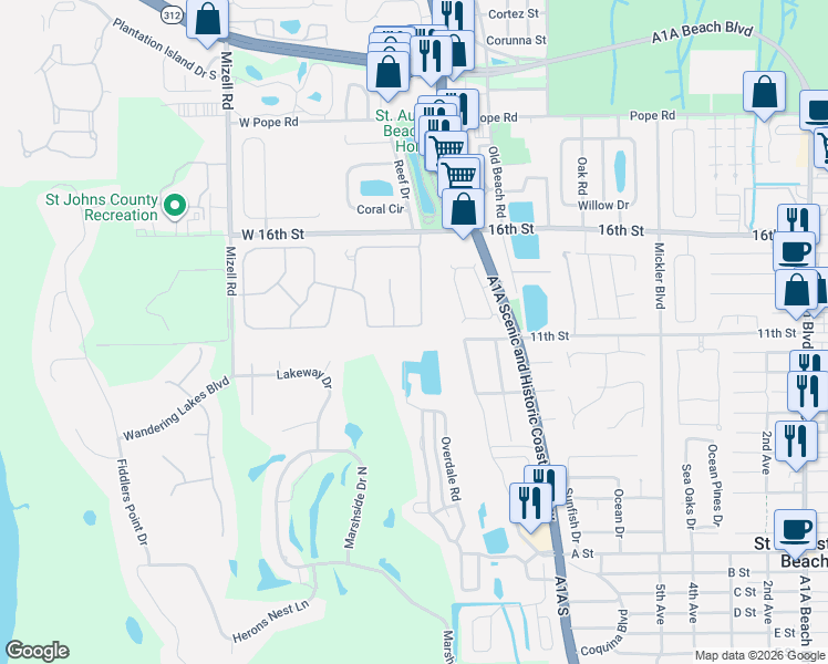 map of restaurants, bars, coffee shops, grocery stores, and more near 1356 Smiling Fish Lane in St. Augustine