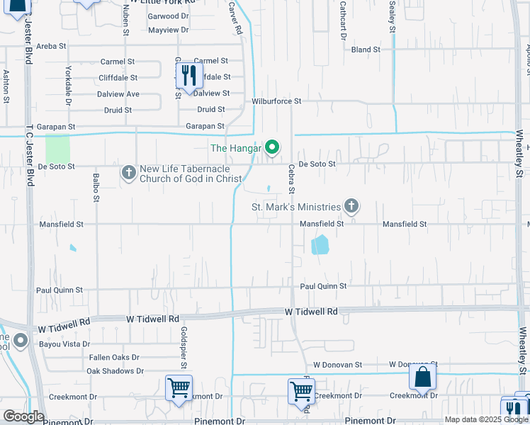 map of restaurants, bars, coffee shops, grocery stores, and more near 2313 Mansfield Street in Houston
