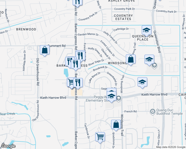 map of restaurants, bars, coffee shops, grocery stores, and more near 18203 Lake Bend Drive in Houston