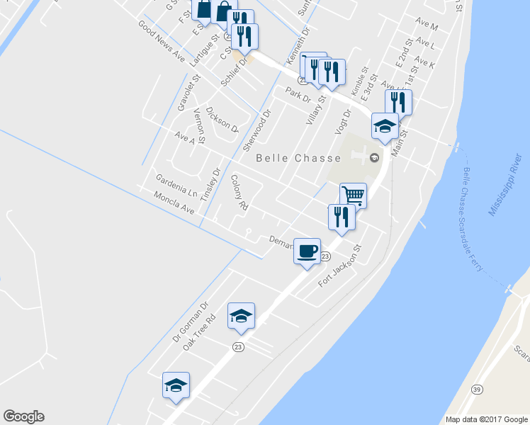 map of restaurants, bars, coffee shops, grocery stores, and more near 107 Grand Oaks Court in Belle Chasse