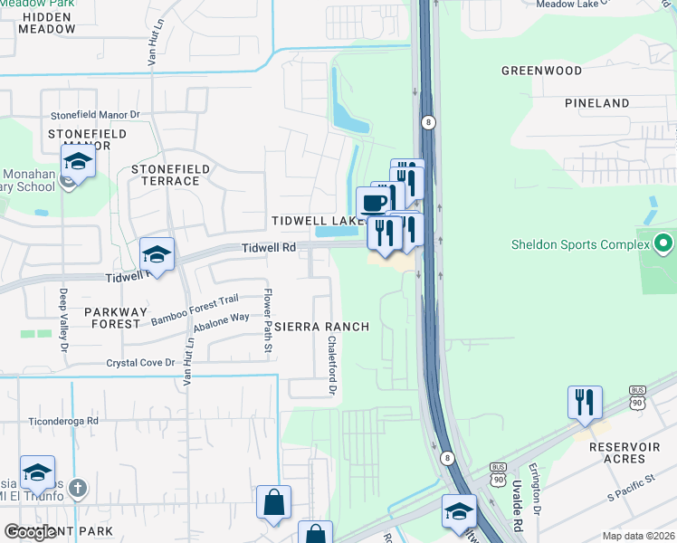 map of restaurants, bars, coffee shops, grocery stores, and more near 8658 Chaletford Drive in Houston