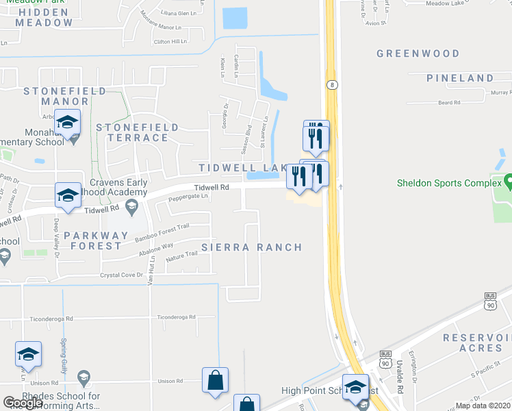 map of restaurants, bars, coffee shops, grocery stores, and more near 8658 Chaletford Drive in Houston