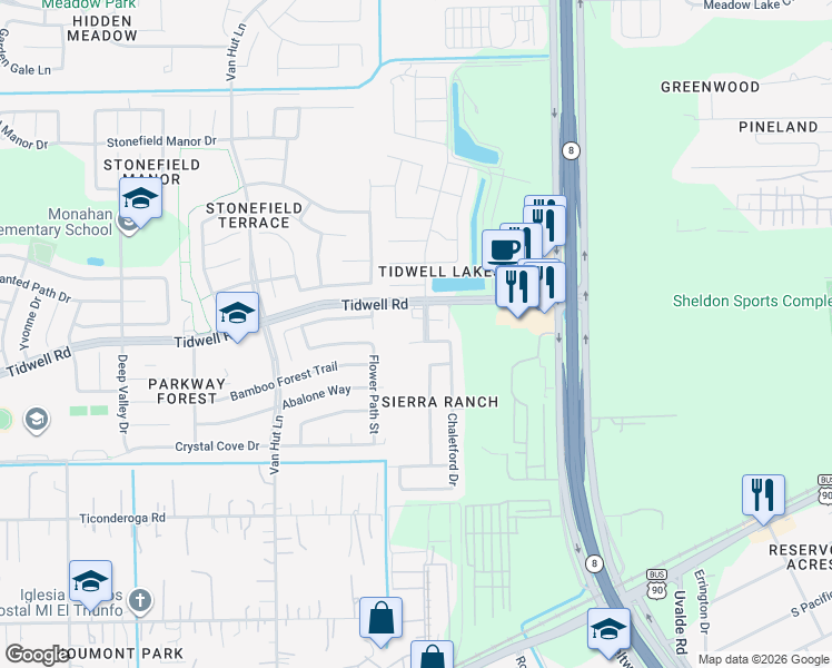 map of restaurants, bars, coffee shops, grocery stores, and more near 13302 Ambrose Drive in Houston