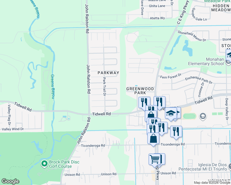 map of restaurants, bars, coffee shops, grocery stores, and more near 12031 Blue Island Drive in Houston