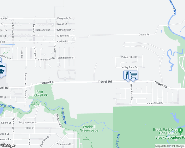 map of restaurants, bars, coffee shops, grocery stores, and more near 9587-9905 Tidwell Road in Houston