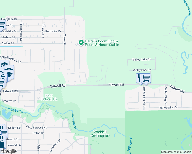 map of restaurants, bars, coffee shops, grocery stores, and more near 9587-9905 Tidwell Road in Houston