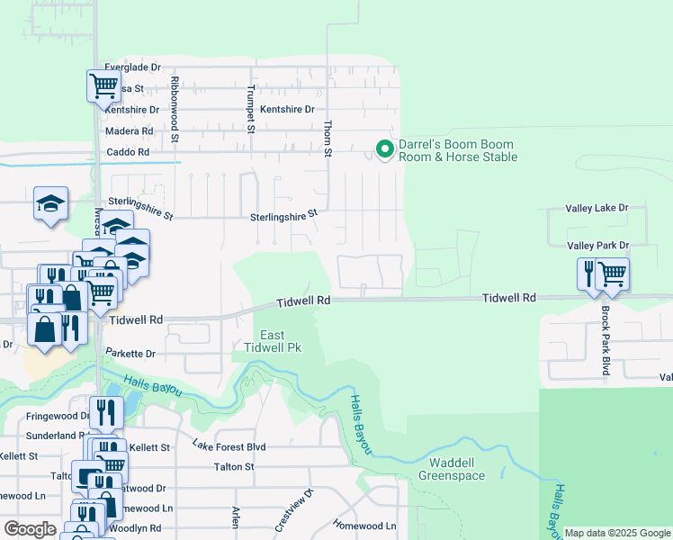 map of restaurants, bars, coffee shops, grocery stores, and more near 9383 Tidwell Road in Houston
